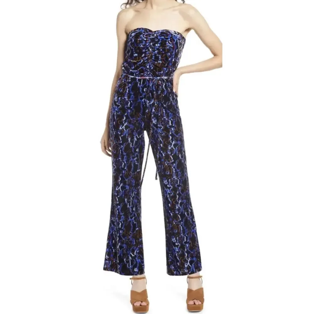 Open Edit Womens Velour Jumpsuit Stretch Strapless Printed Blue Size L. NWOT - Picture 3 of 8